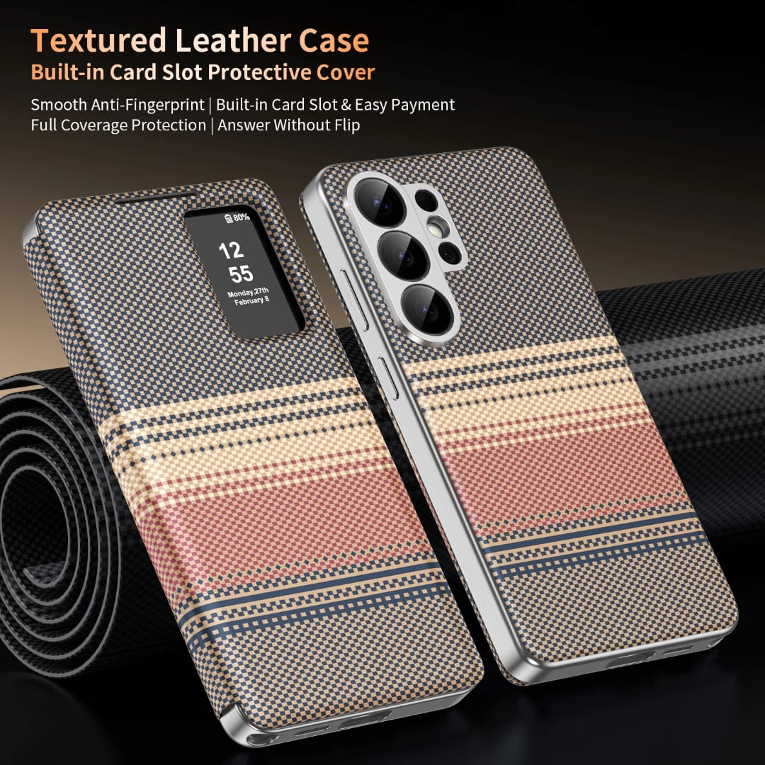 Horizon Series Textured Leather Smart Flip Cover – Built-in Card Wallet & Interactive View Window - Image 15
