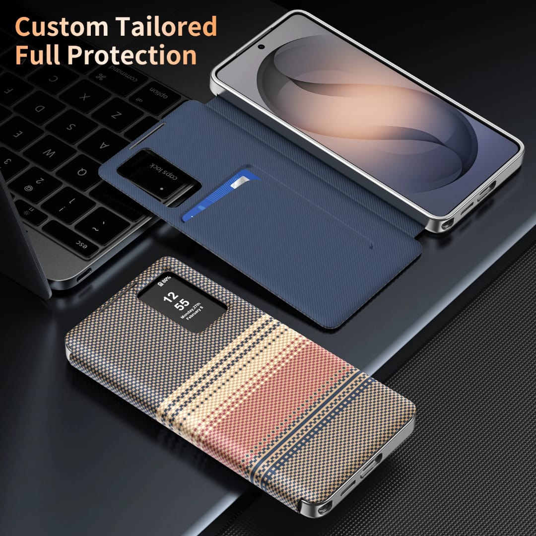 Horizon Series Textured Leather Smart Flip Cover – Built-in Card Wallet & Interactive View Window - Image 2